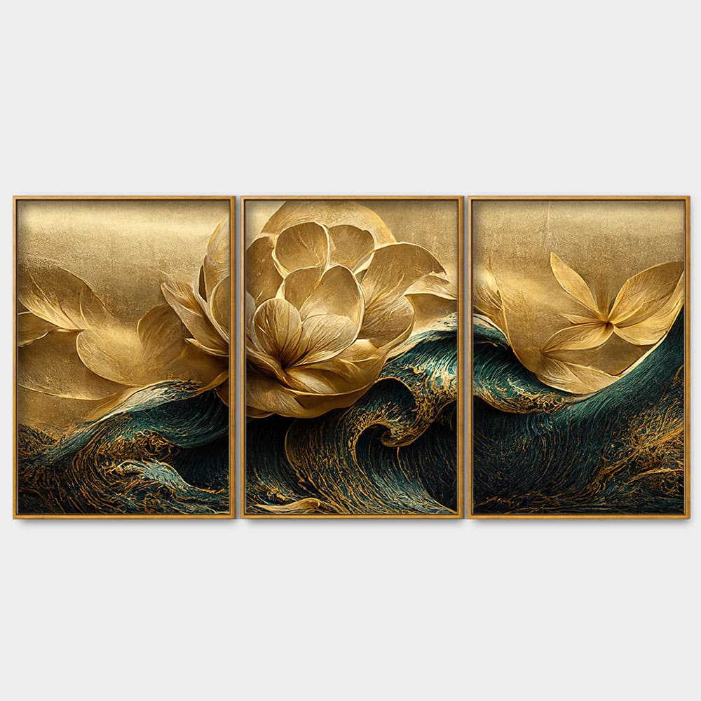 Modern Golden Flower and Waves Floating Canvas Wall Painting Set of Three - Image 4