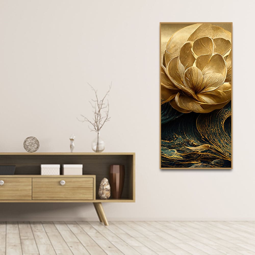 Modern Golden Flower and Waves Premium Canvas Wall Painting - Image 3