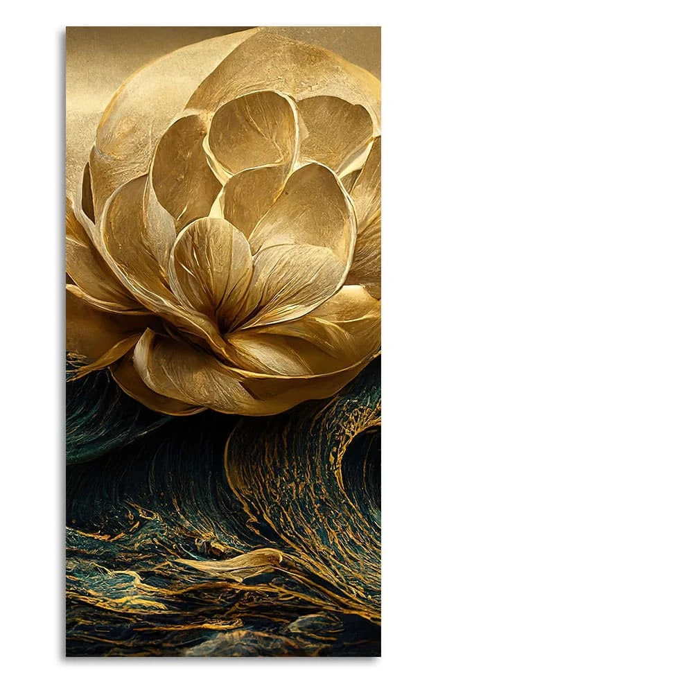 Modern Golden Flower and Waves Premium Canvas Wall Painting - Image 4