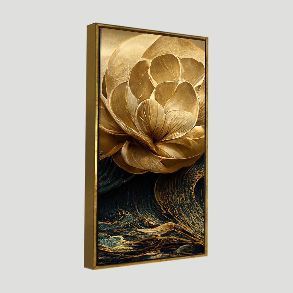 Modern Golden Flower and Waves Premium Canvas Wall Painting - Image 5