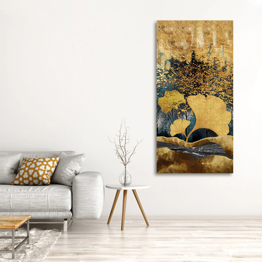 Modern Golden Ginkgo Leaves with Mountains Premium Canvas Wall Painting - Image 2