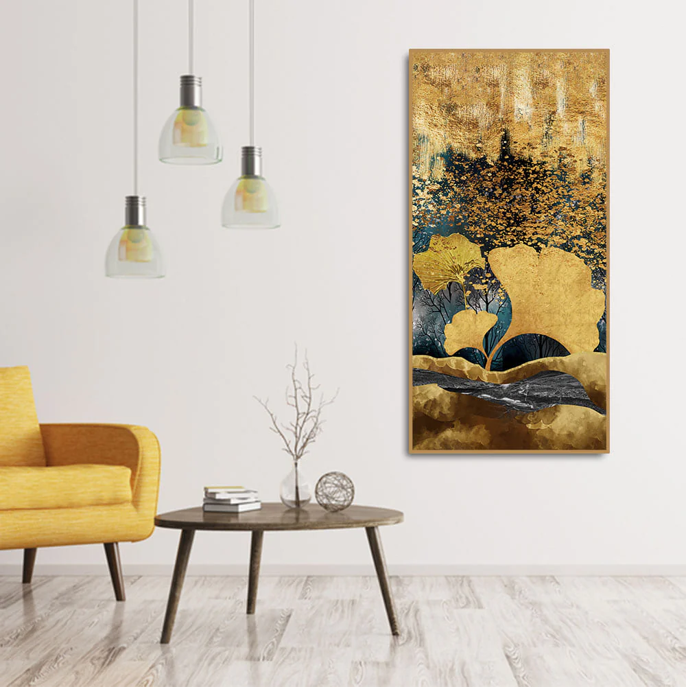 Modern Golden Ginkgo Leaves with Mountains Premium Canvas Wall Painting - Image 3
