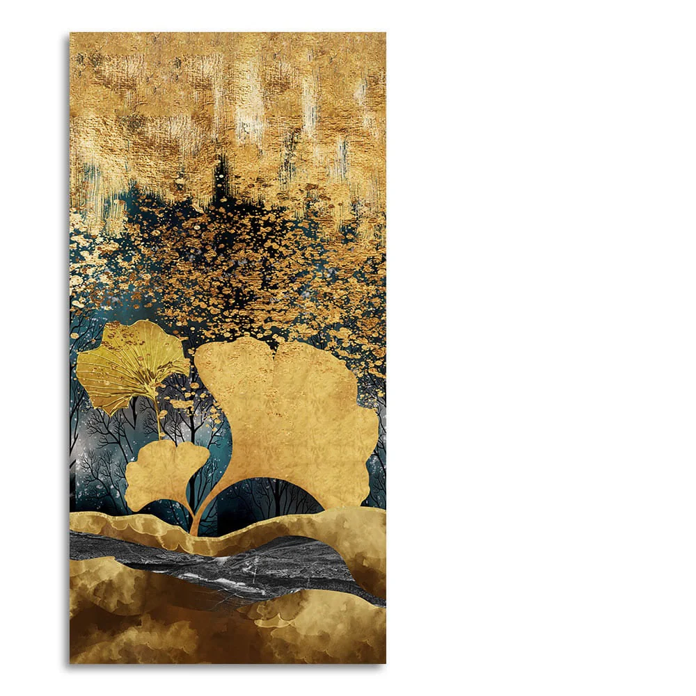 Modern Golden Ginkgo Leaves with Mountains Premium Canvas Wall Painting - Image 4