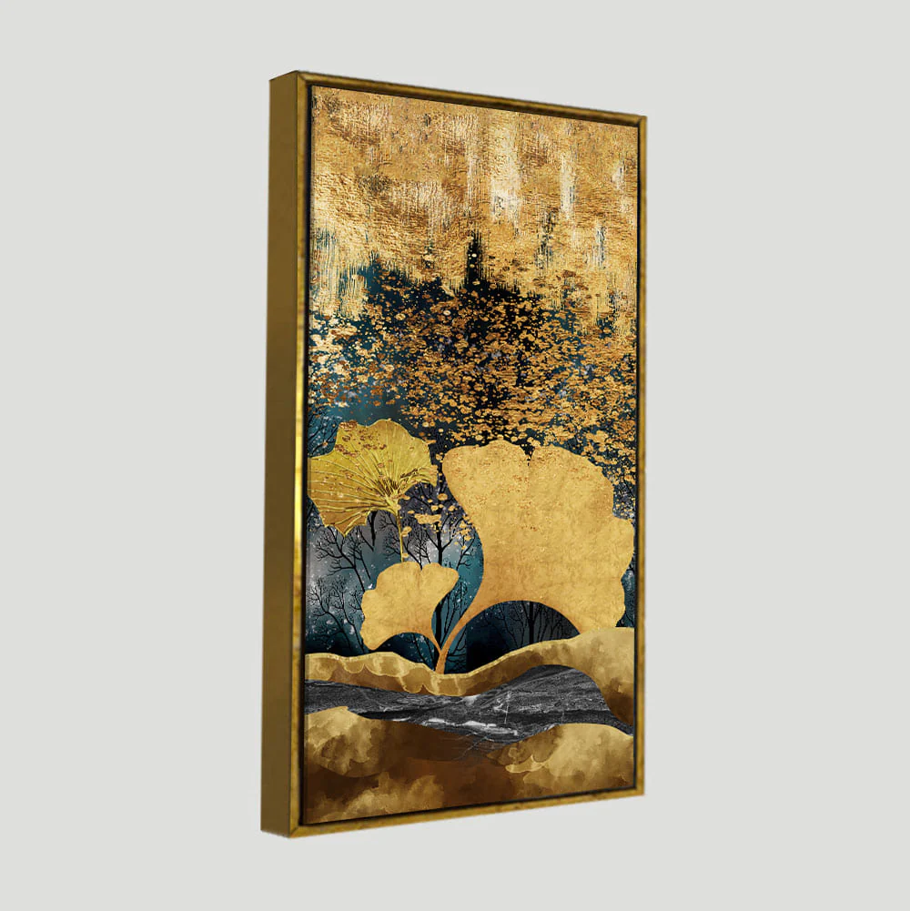 Modern Golden Ginkgo Leaves with Mountains Premium Canvas Wall Painting - Image 5