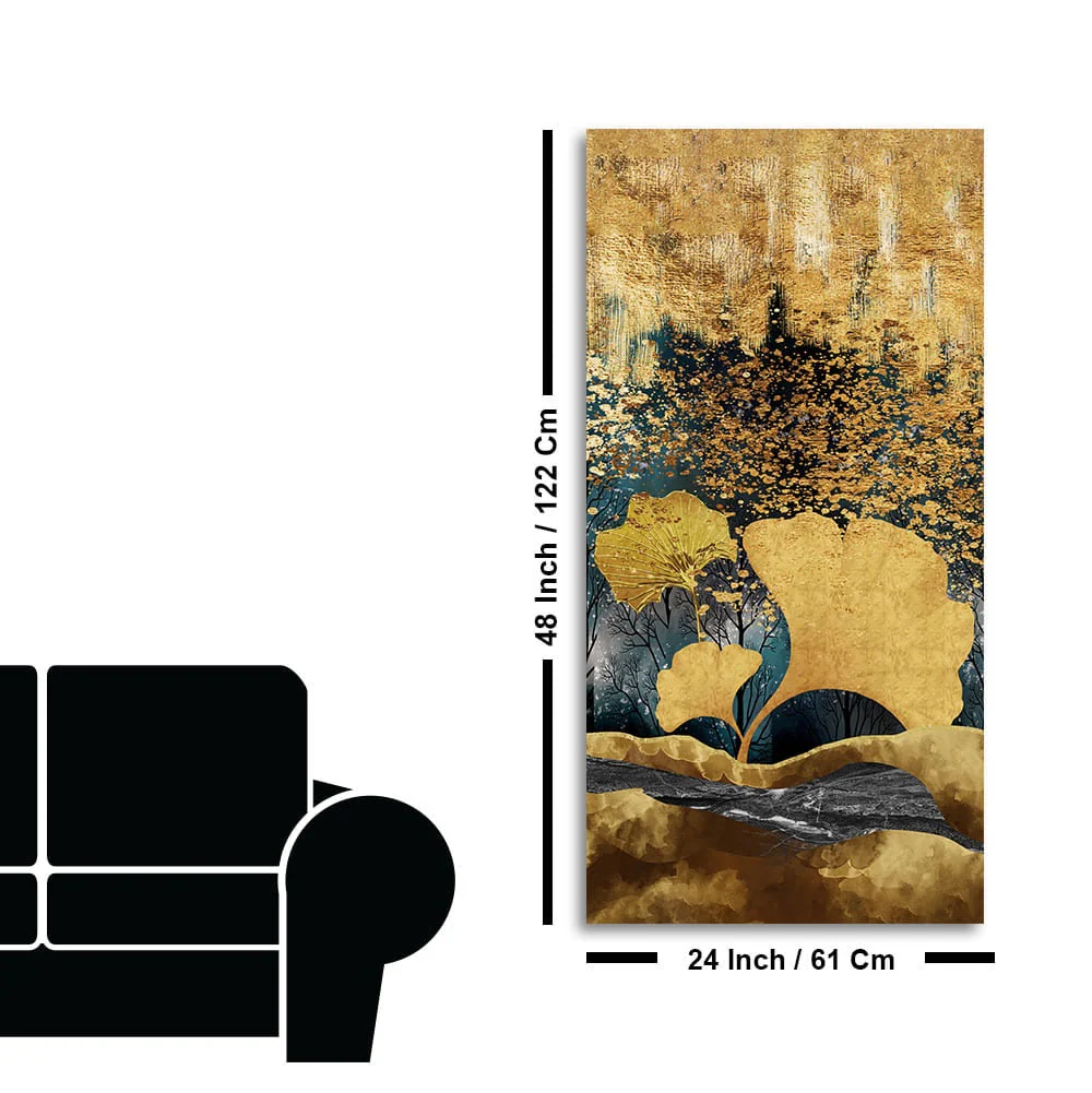 Modern Golden Ginkgo Leaves with Mountains Premium Canvas Wall Painting - Image 7