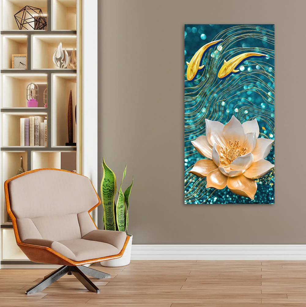 Modern Golden Lotus with koi Fish Abstract Canvas Wall Painting - Image 2