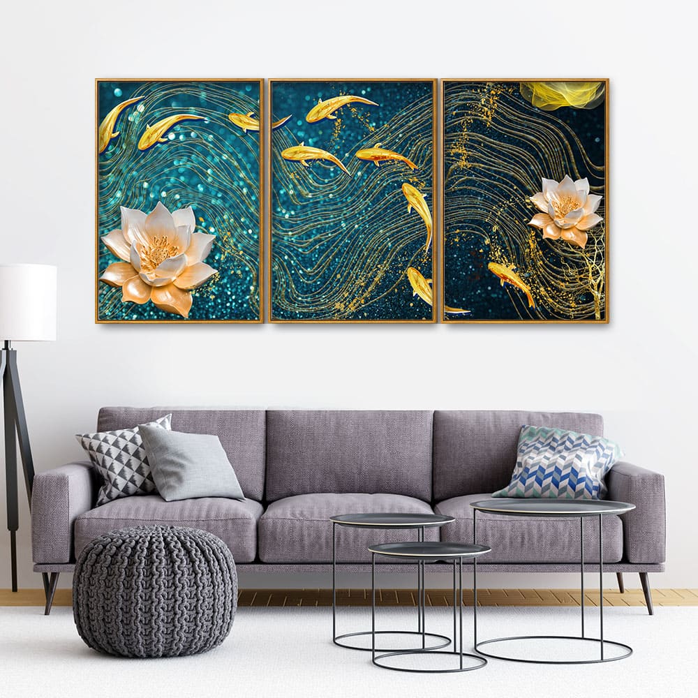 Modern Golden Lotus with koi Fish Abstract Floating Canvas Wall Painting Set of Three - Image 2