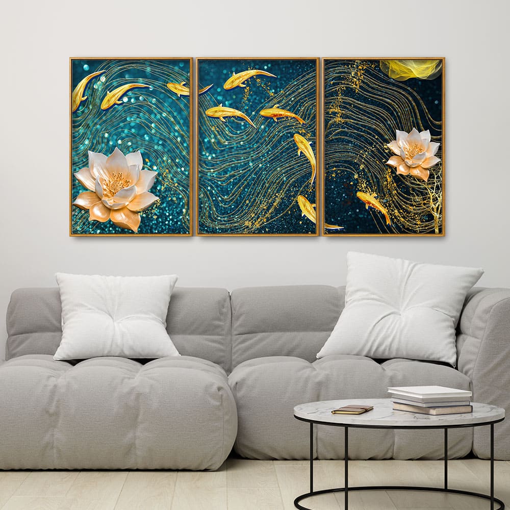 Modern Golden Lotus with koi Fish Abstract Floating Canvas Wall Painting Set of Three - Image 3