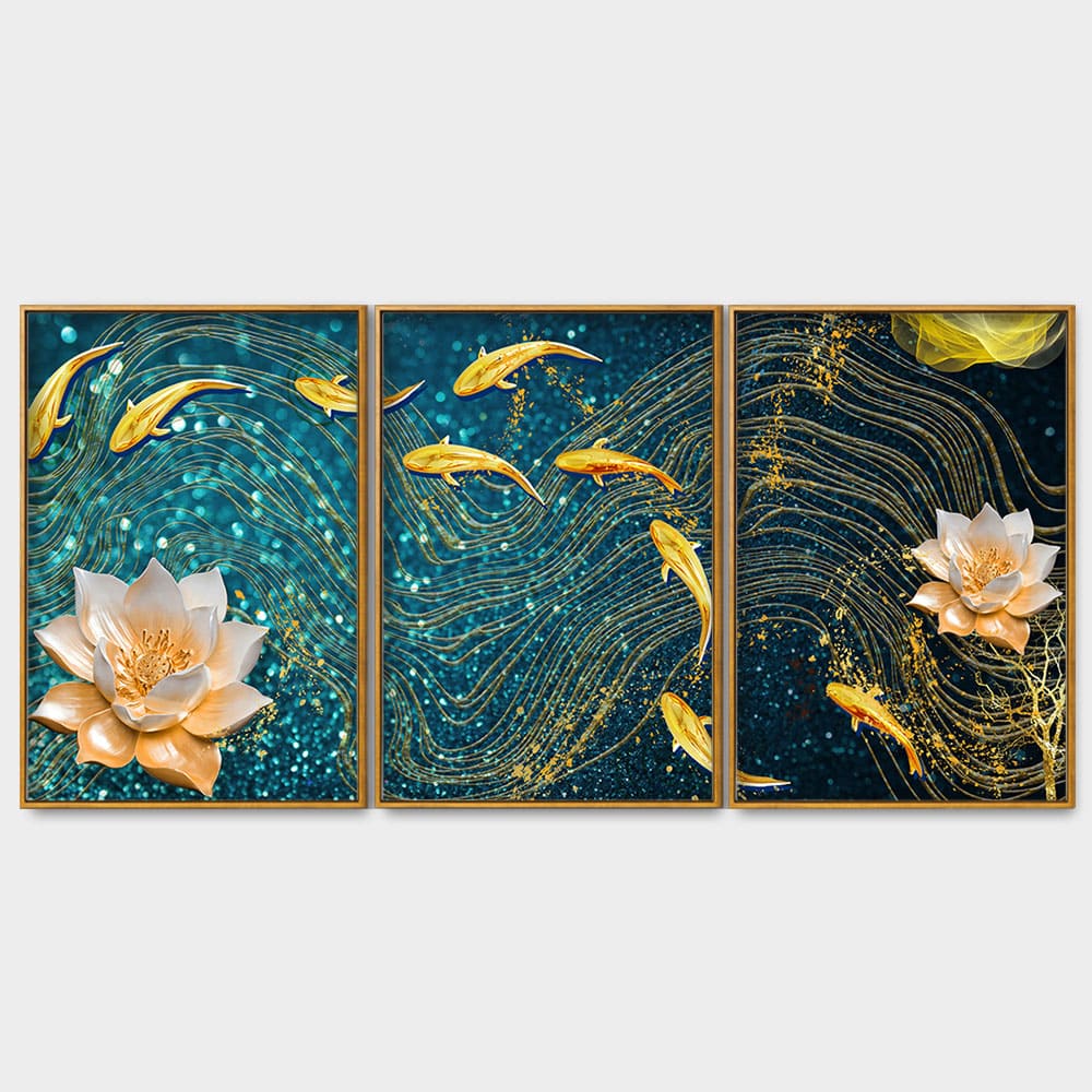 Modern Golden Lotus with koi Fish Abstract Floating Canvas Wall Painting Set of Three - Image 4