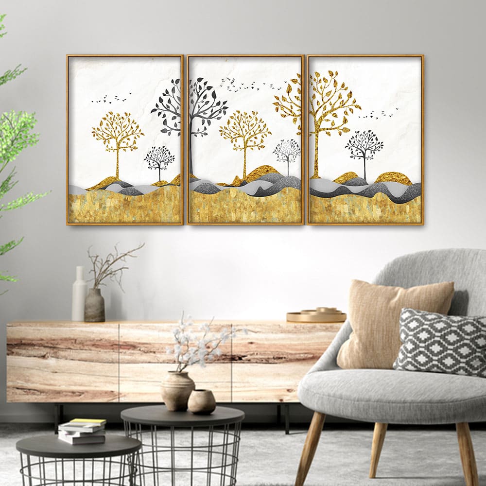 Modern Golden Tree Art Premium Floating Canvas Wall Painting Set of Three - Image 2