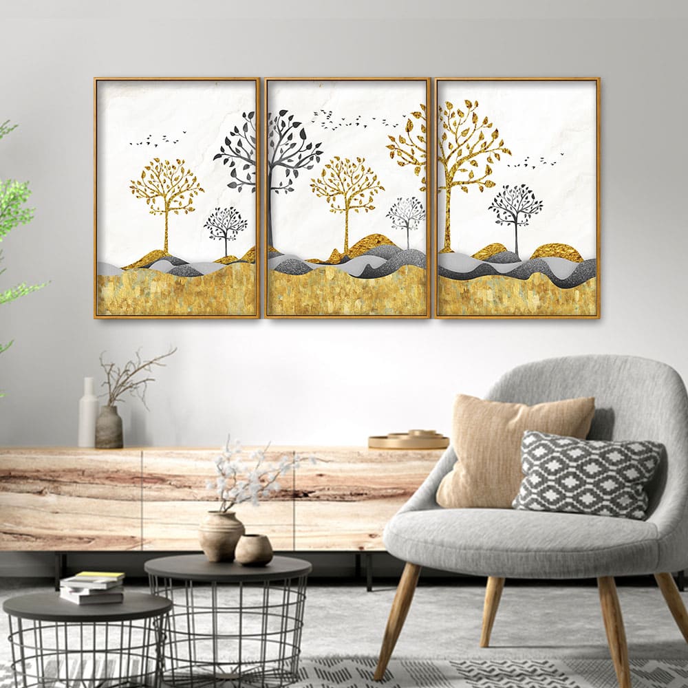 Modern Golden Tree Art Premium Floating Canvas Wall Painting Set of Three - Image 3