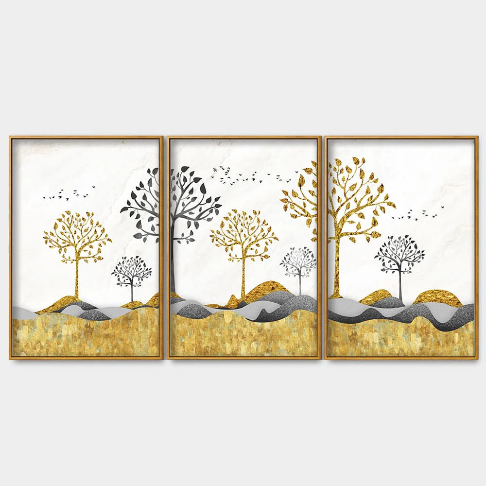 Modern Golden Tree Art Premium Floating Canvas Wall Painting Set of Three - Image 4