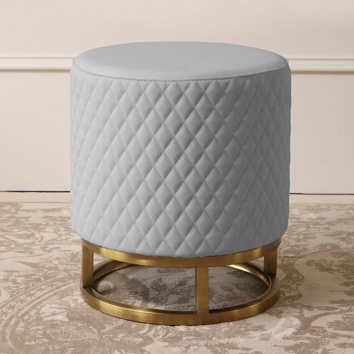 Modern Grey Accent Stool with Brass Golden Finish Metal Frame