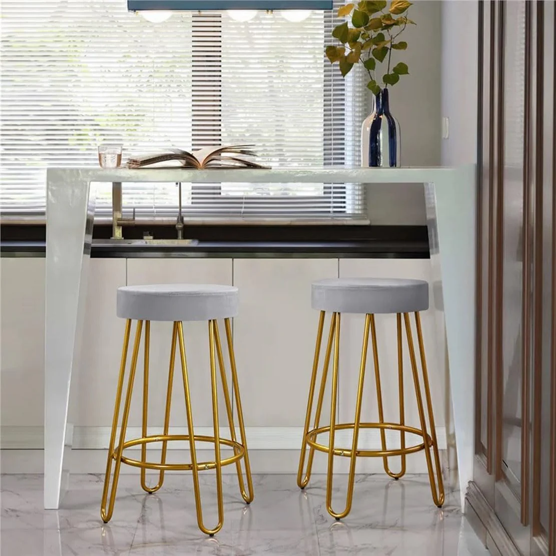 Modern Grey Velvet Bar Stools with Golden Base - Image 2