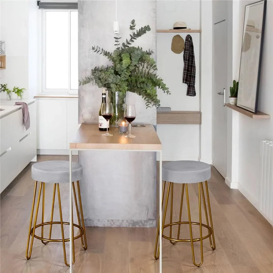 Modern Grey Velvet Bar Stools with Golden Base - Image 3
