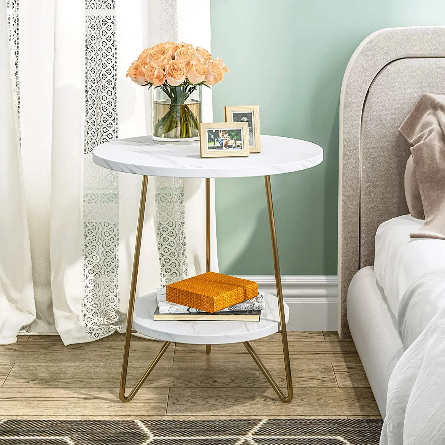 White Marble End Side Table with Lower Shelf - Image 2