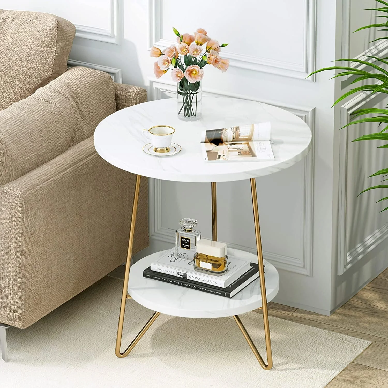 White Marble End Side Table with Lower Shelf - Image 3