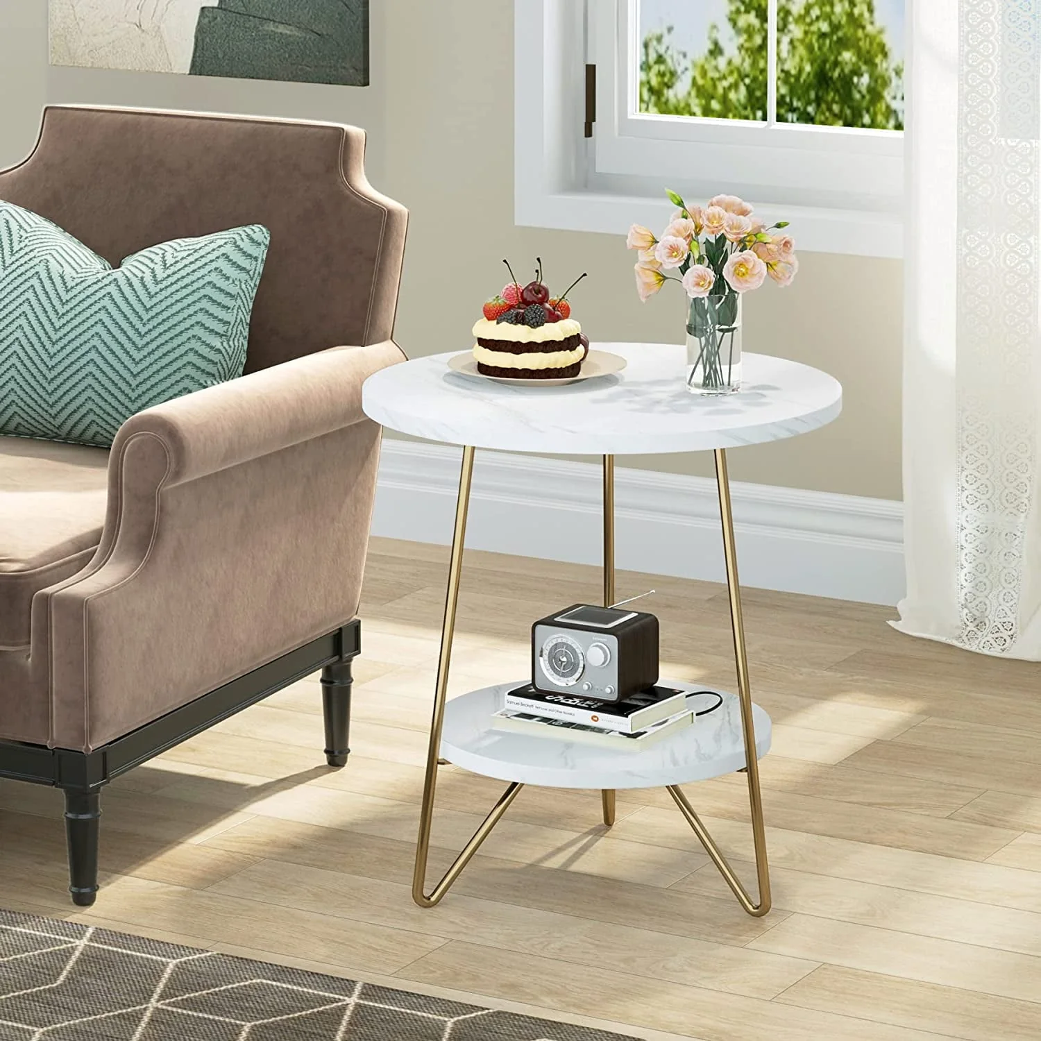 White Marble End Side Table with Lower Shelf - Image 4