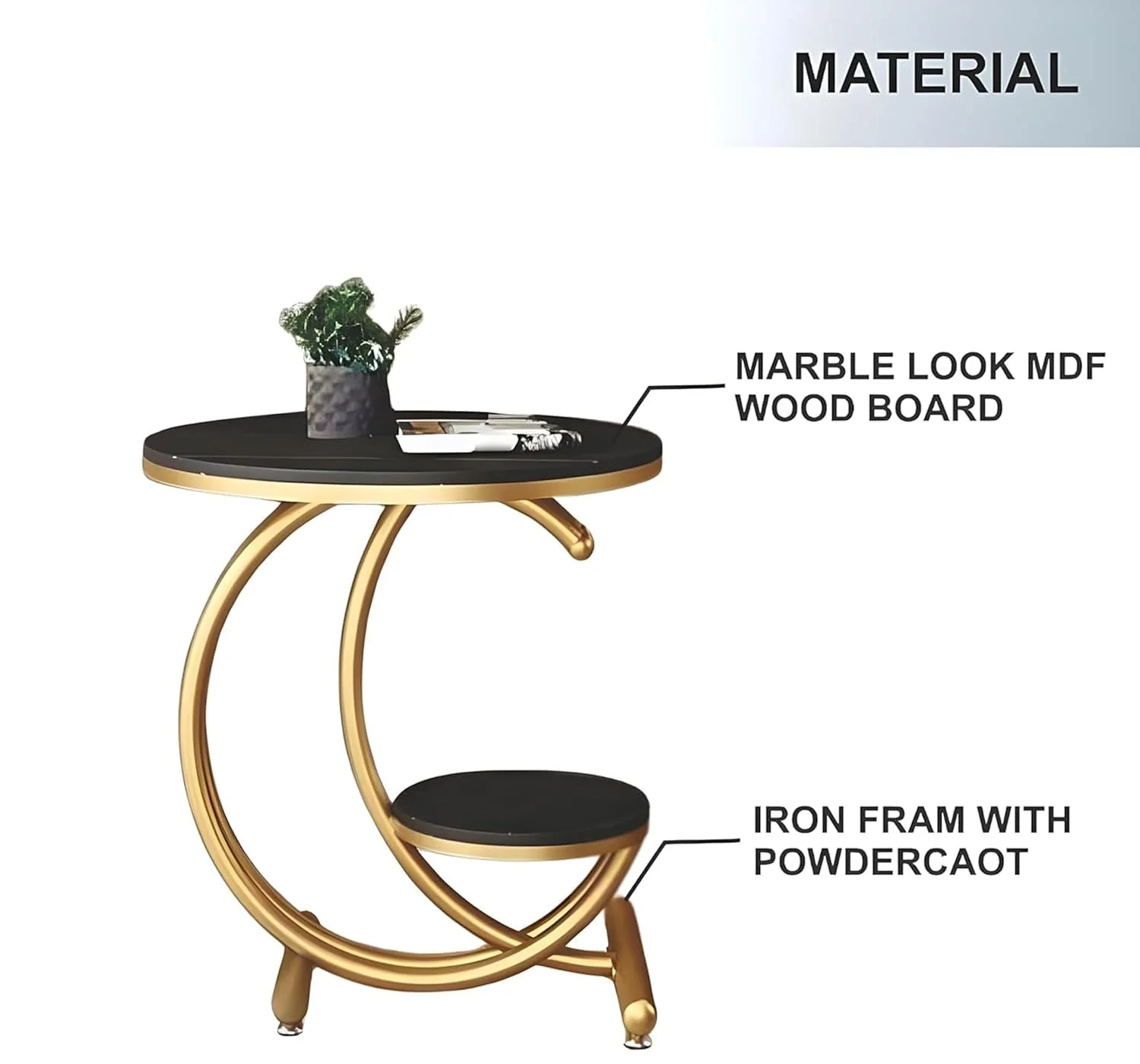 Black Marble Side Table with Gold Ring and Shelf - Image 5