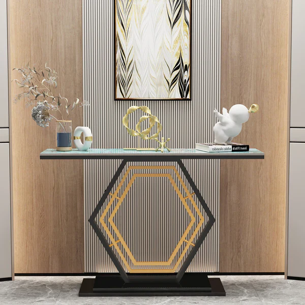 Modern Hexagon Console Table with Gold Inlay and Marble Top - Image 2
