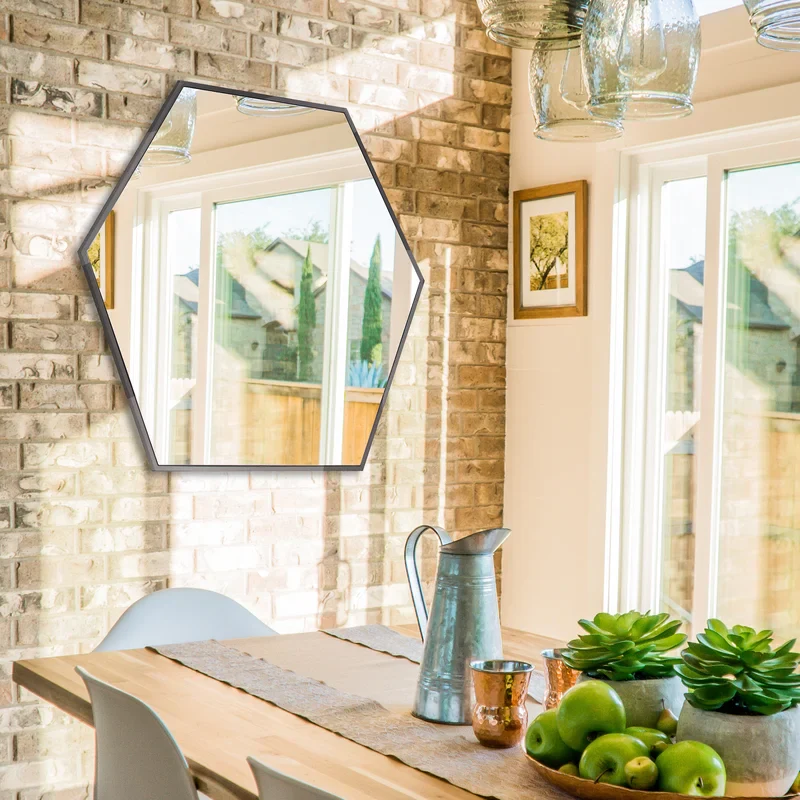 Modern Hexagon Shape Black Wooden Wall Mirror - Image 2