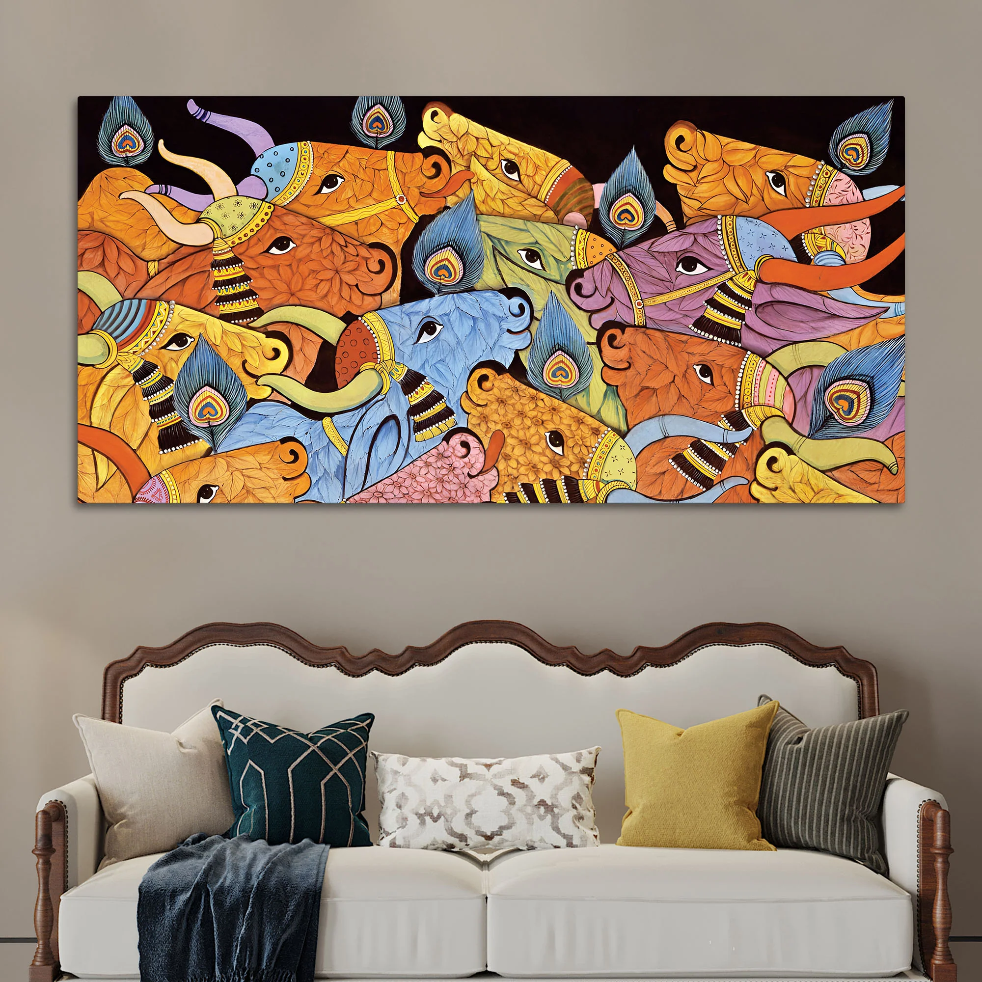 Modern Indian Folk Cow Canvas Wall Painting - Image 3