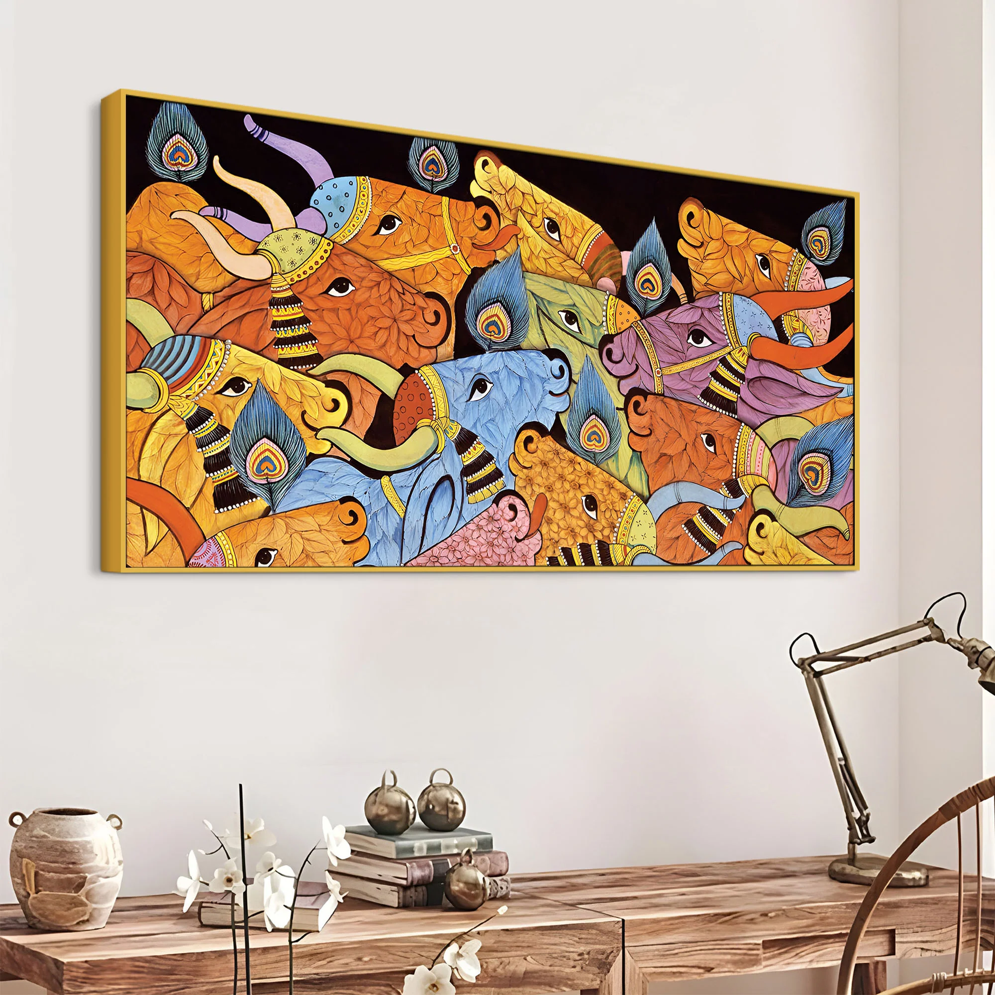 Modern Indian Folk Cow Canvas Wall Painting - Image 4