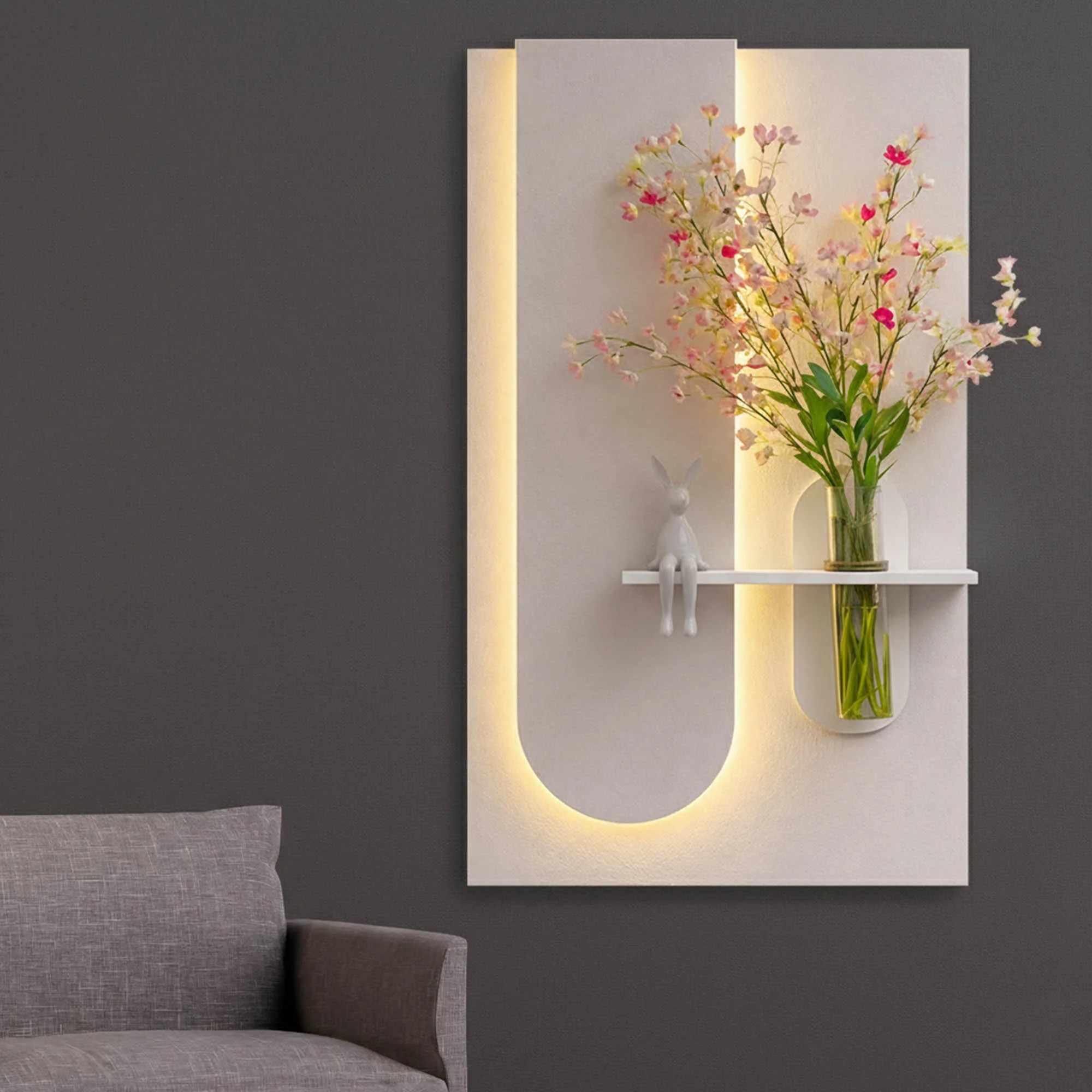 Modern LED Wall Art Shelf with Flower Vase for Living Room Decor
