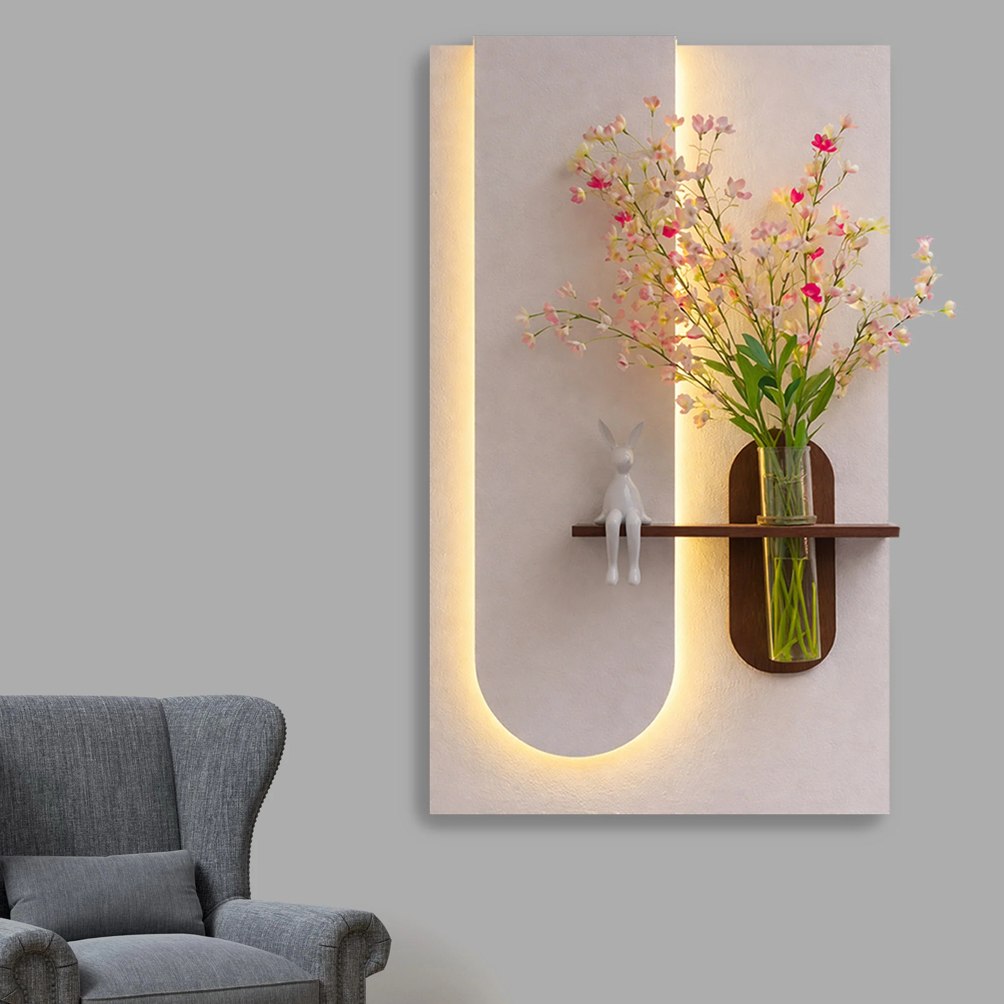 Modern LED Wall Art Shelf with Flower Vase for Living Room Decor - Image 2