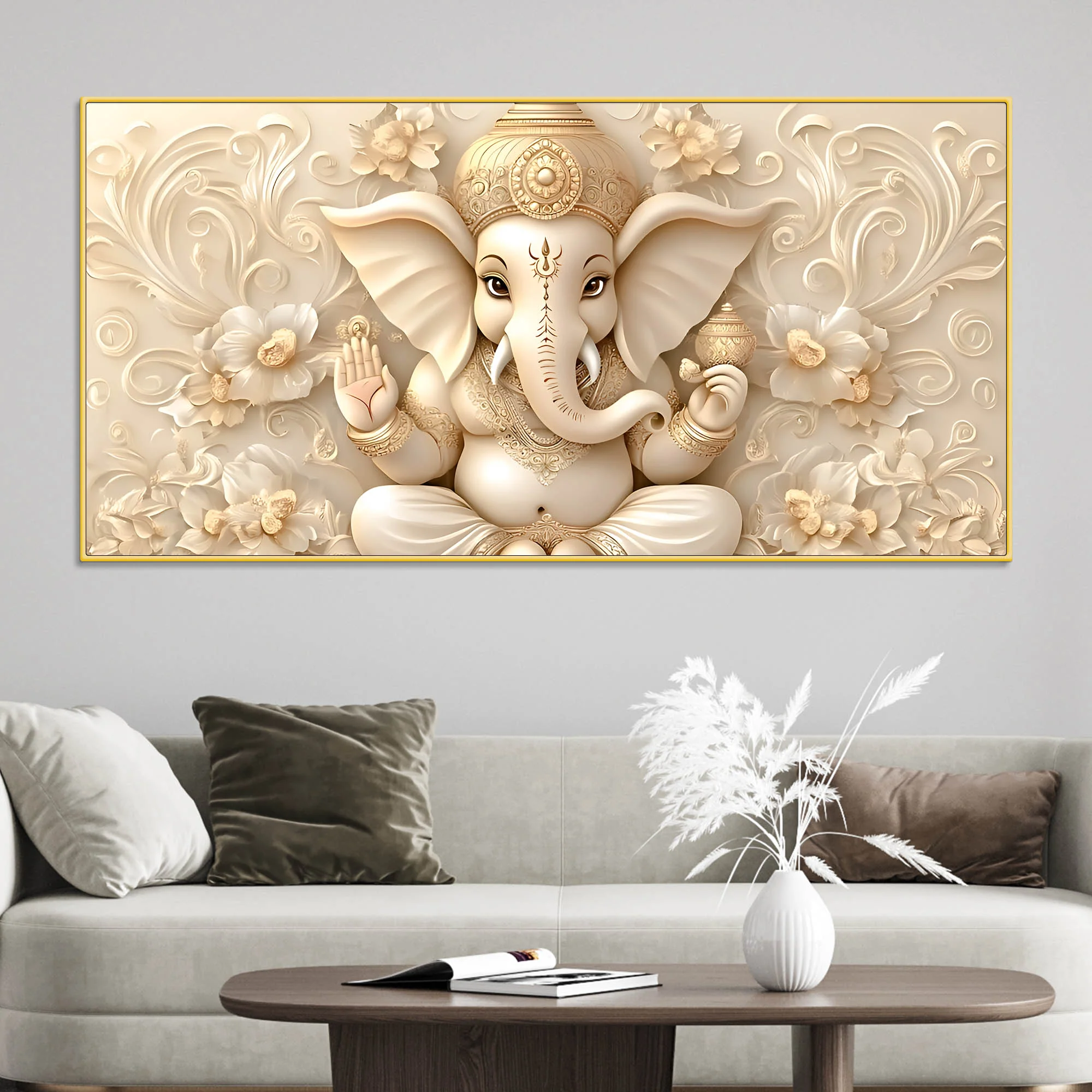 Modern Lord Ganesha Floral Canvas Painting – Auspicious Wall Art - Image 2