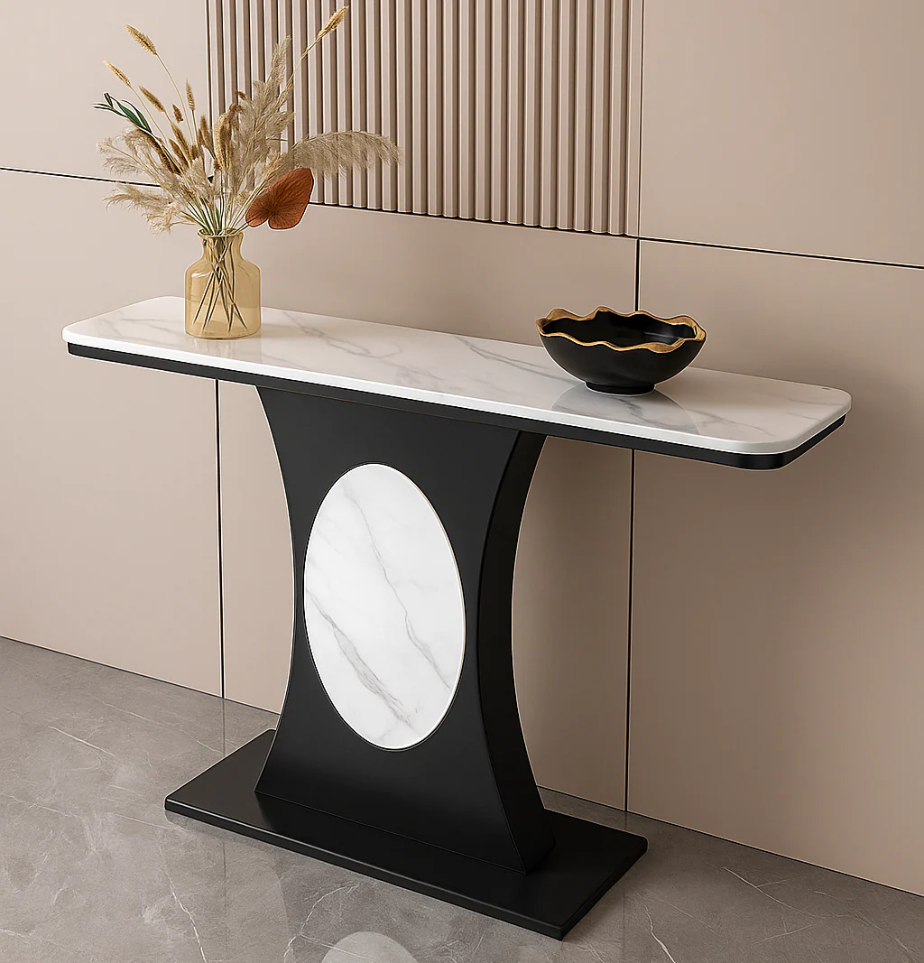 Modern Marble Console Table with Black Base and Circular Marble Accent - Image 2