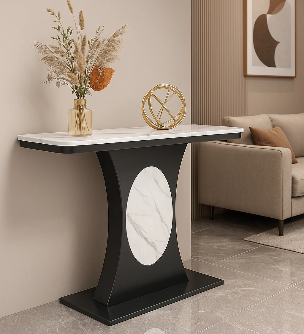 Modern Marble Console Table with Black Base and Circular Marble Accent - Image 3
