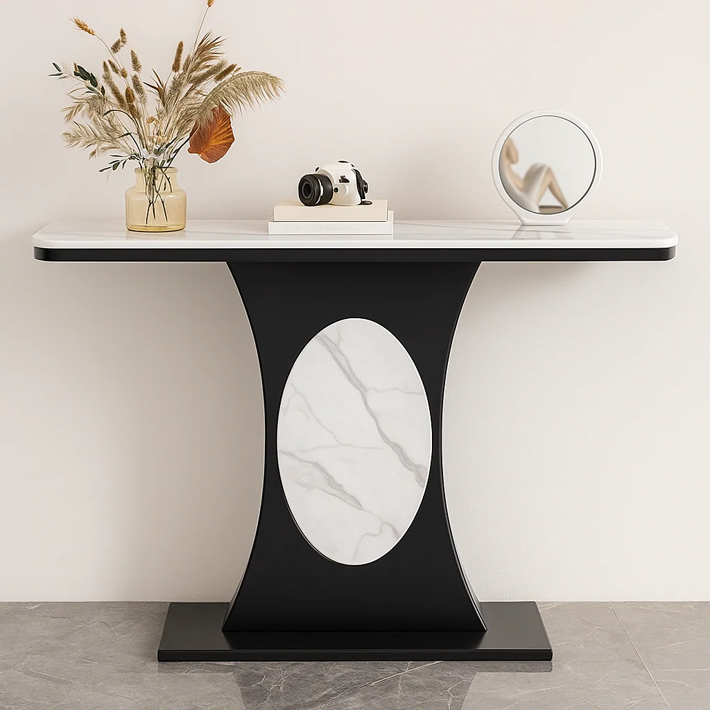 Modern Marble Console Table with Black Base and Circular Marble Accent - Image 4