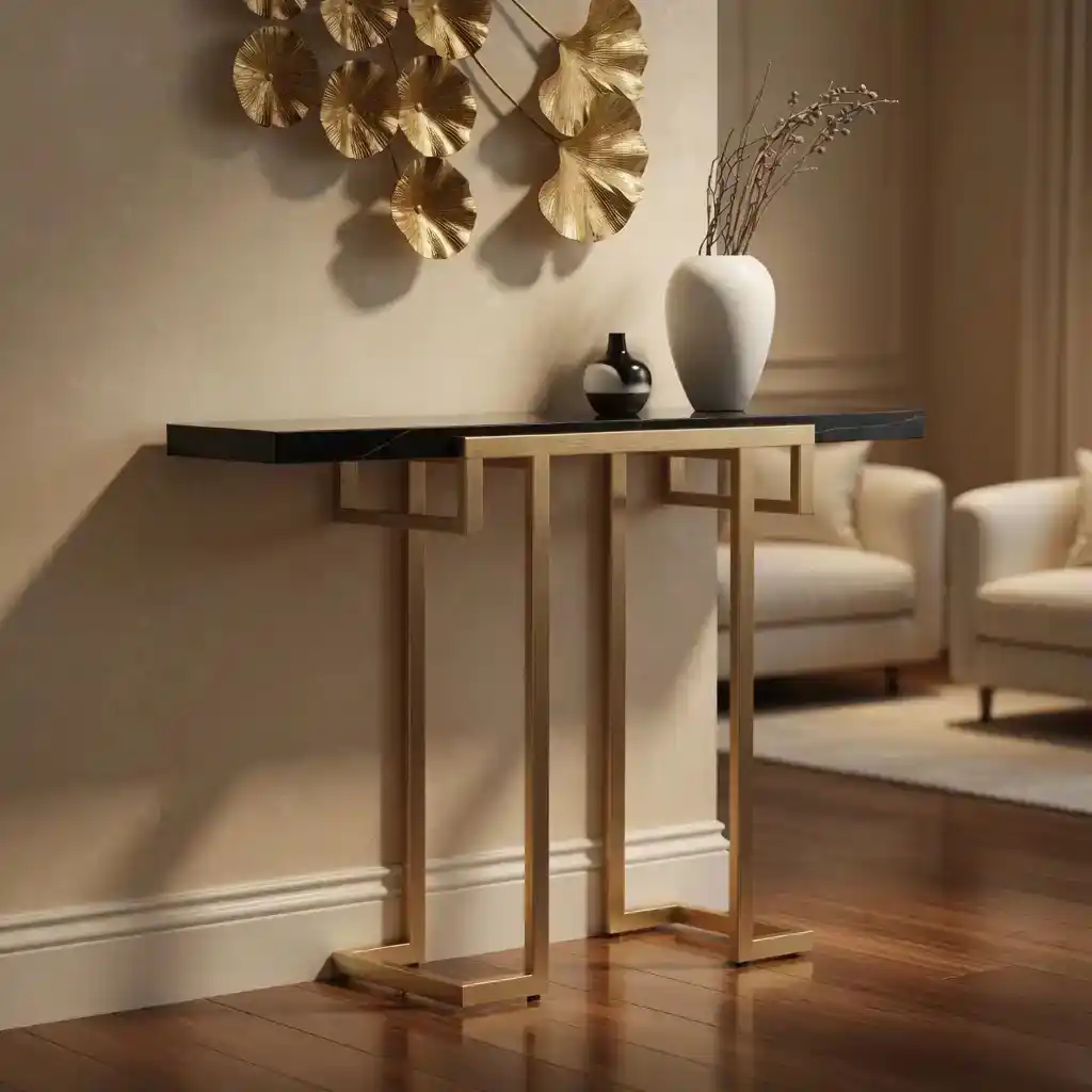 Modern Narrow Console Table with Gold Frame and Marble Top - Image 3