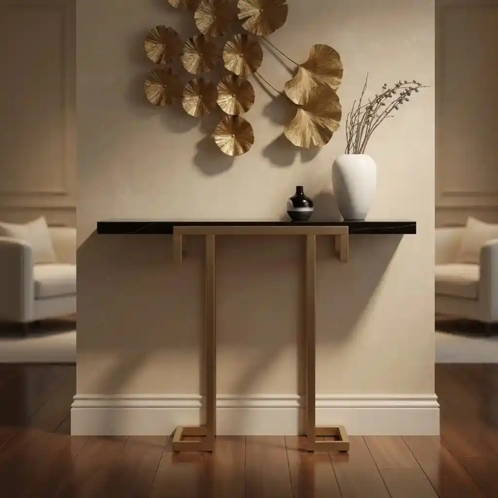 Modern Narrow Console Table with Gold Frame and Marble Top - Image 4