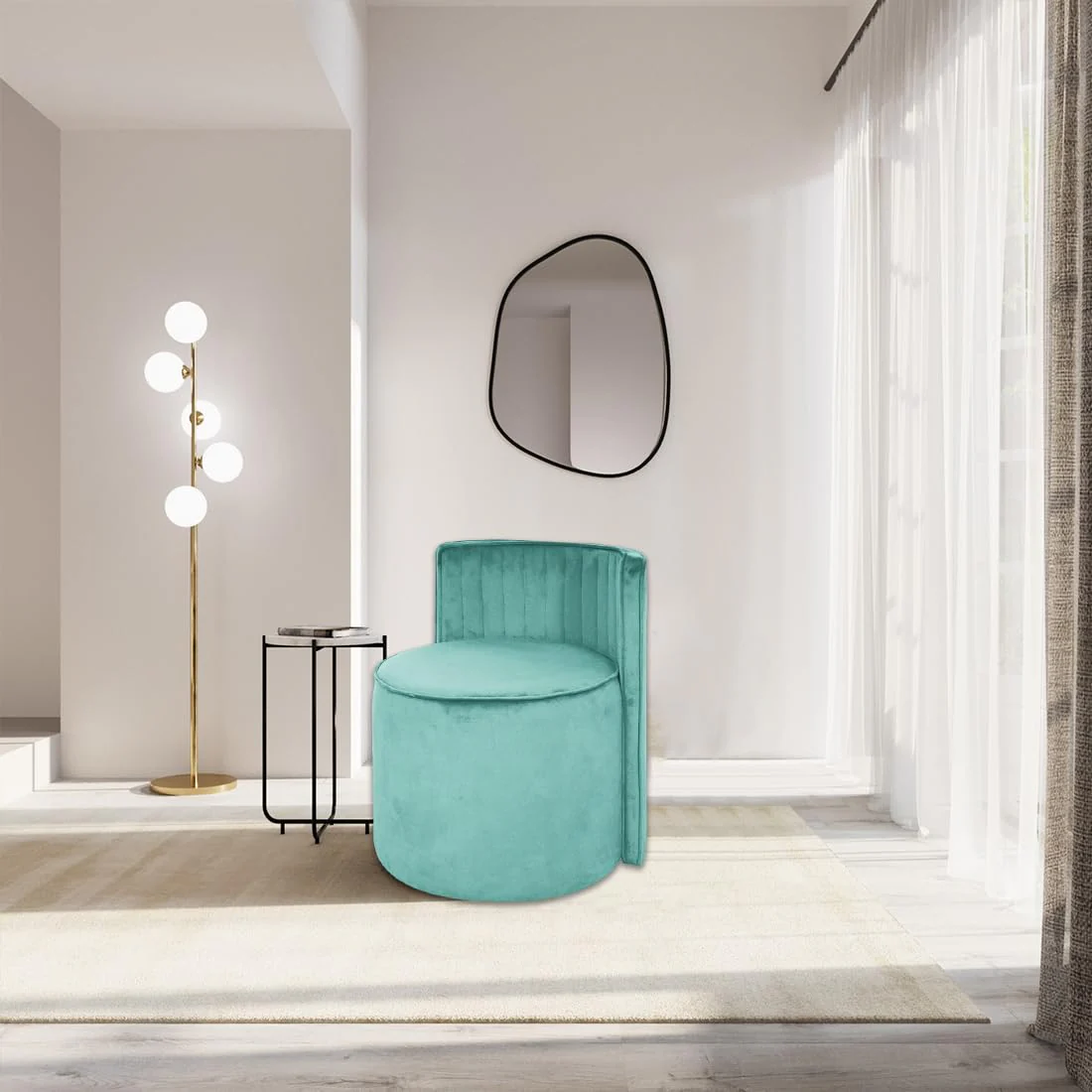 Modern Round Back Upholstered Ottoman Chair with Soft Pastel Aqua Velvet Finish - Image 3