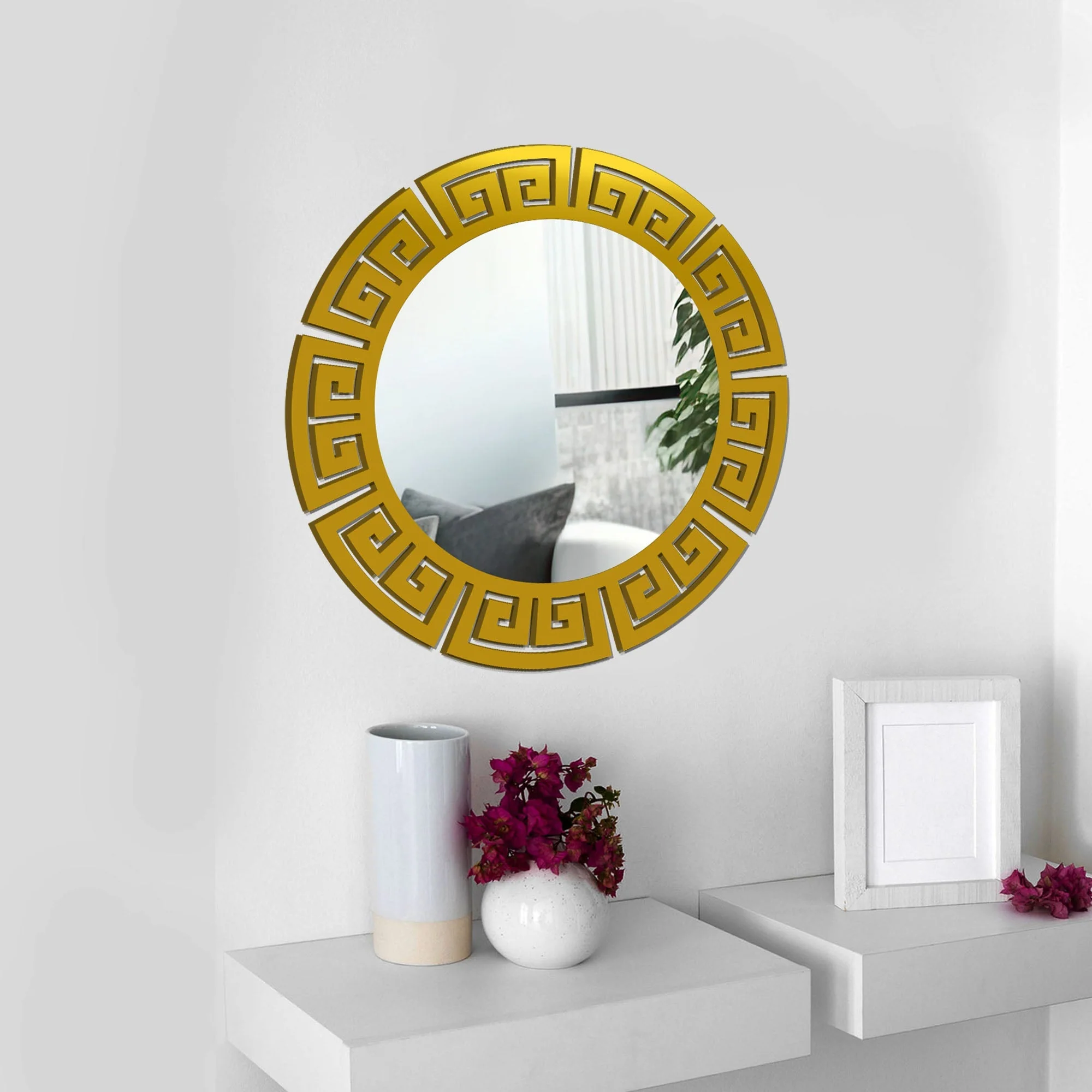 Modern Round Shape Decorative Design Wooden Wall Mirror With Gold Texture - Image 2