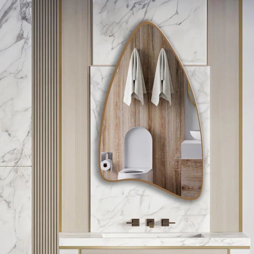 Modern Shield-Shaped Wall Mirror in Golden Frame - Image 3