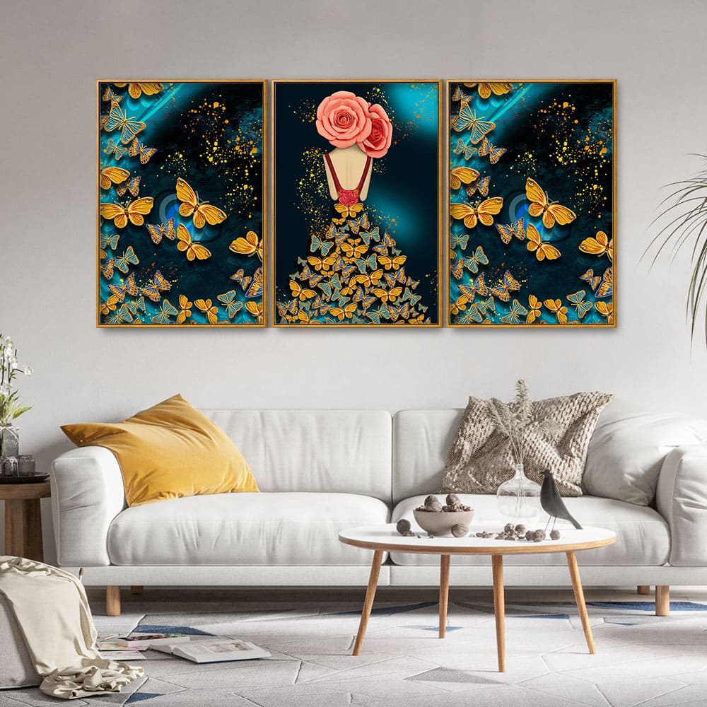 Modern Style Abstract Girl with Colorful Butterflies Floating Canvas Wall Painting Set of Three - Image 2