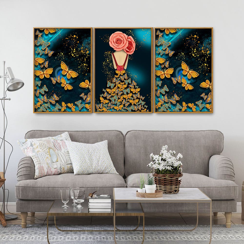 Modern Style Abstract Girl with Colorful Butterflies Floating Canvas Wall Painting Set of Three - Image 3