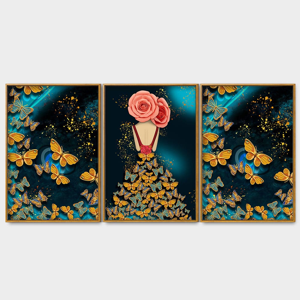 Modern Style Abstract Girl with Colorful Butterflies Floating Canvas Wall Painting Set of Three - Image 4