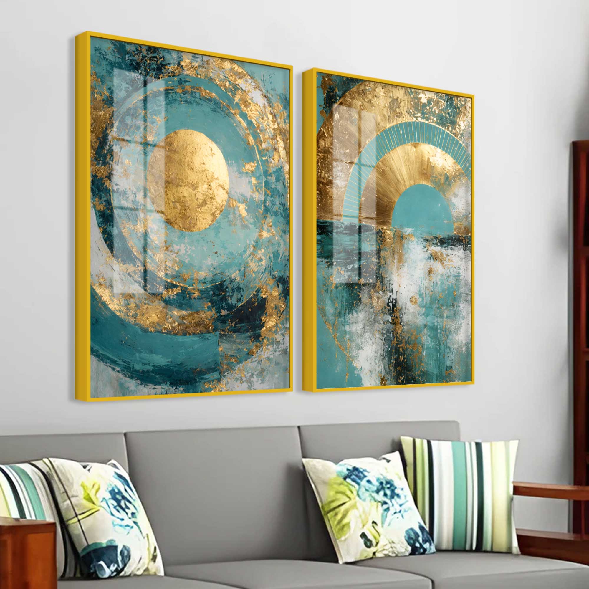 Modern Teal & Golden Geometric Abstract Acrylic Floating Wall Painting Set of 2 - Image 3