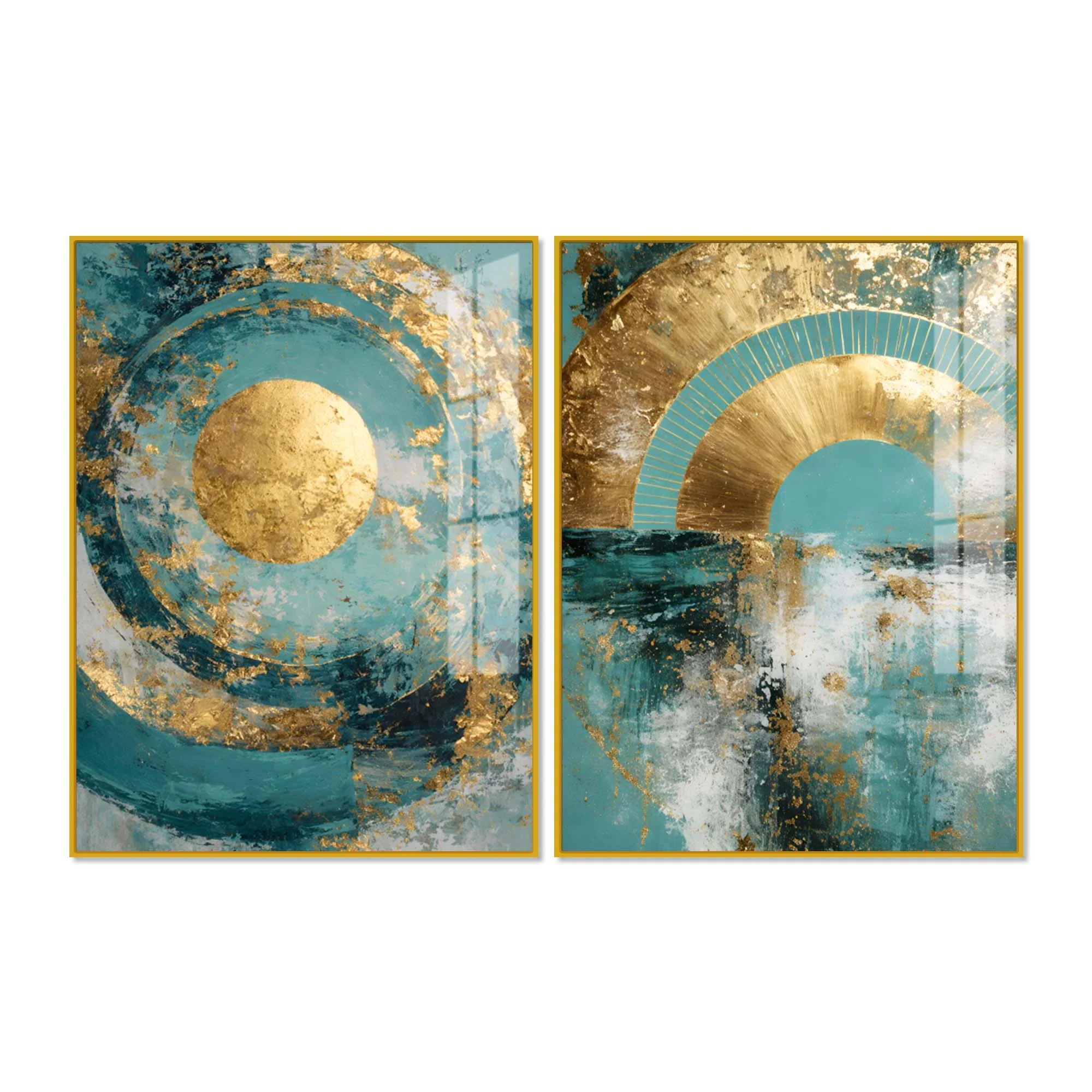 Modern Teal & Golden Geometric Abstract Acrylic Floating Wall Painting Set of 2 - Image 4