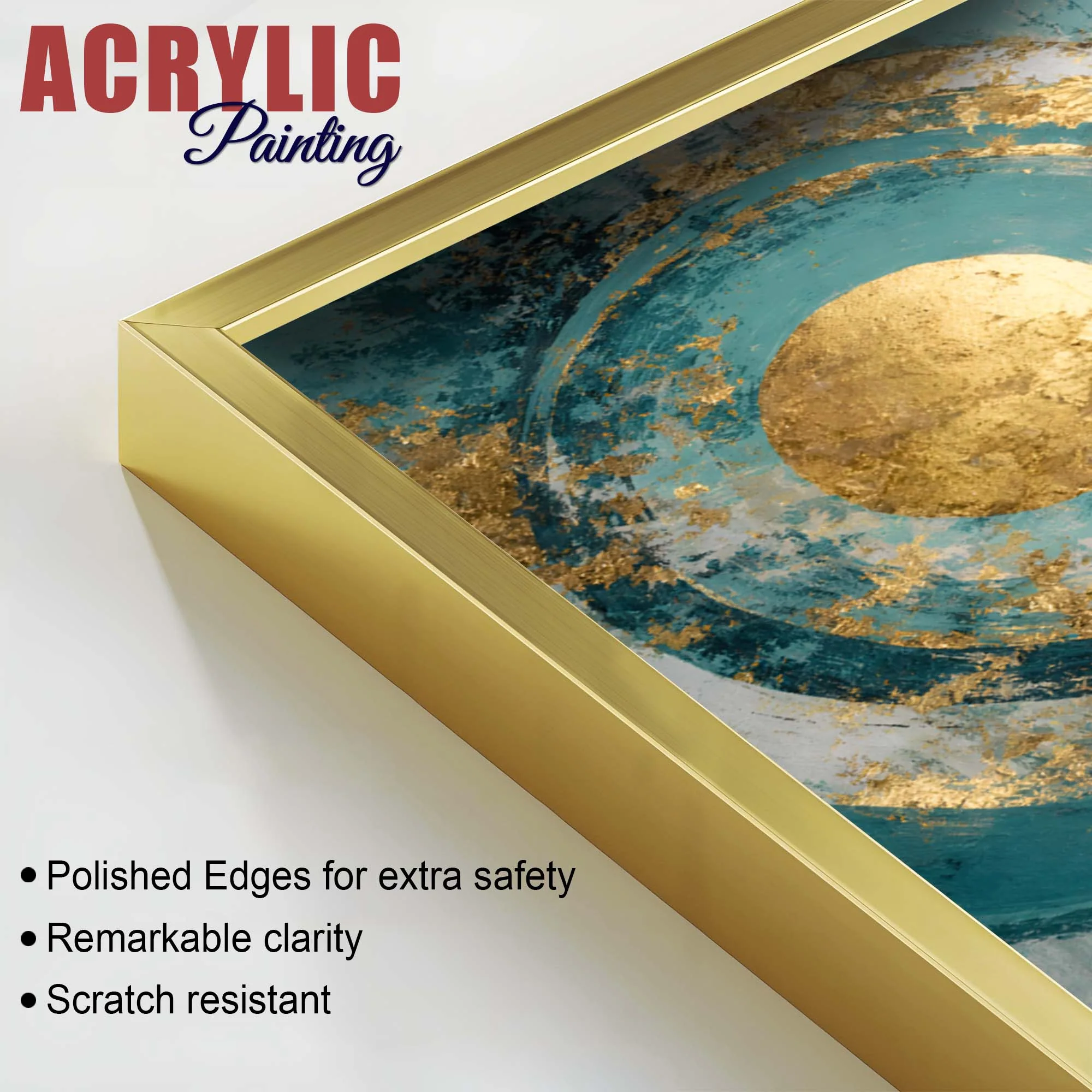 Modern Teal & Golden Geometric Abstract Acrylic Floating Wall Painting Set of 2 - Image 5