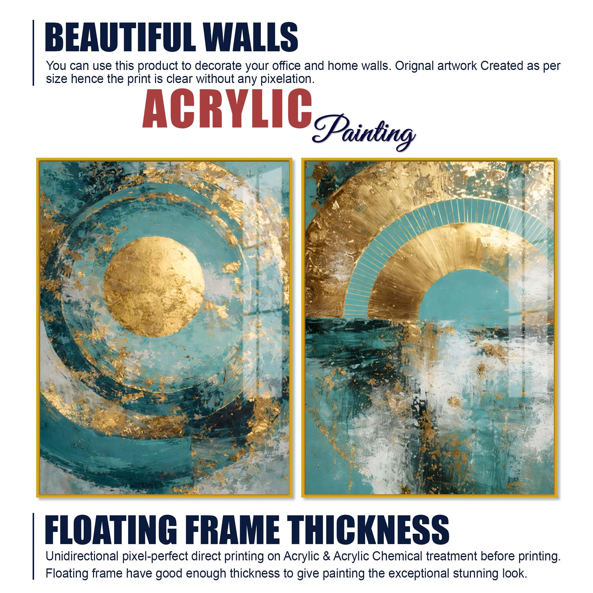 Modern Teal & Golden Geometric Abstract Acrylic Floating Wall Painting Set of 2 - Image 6