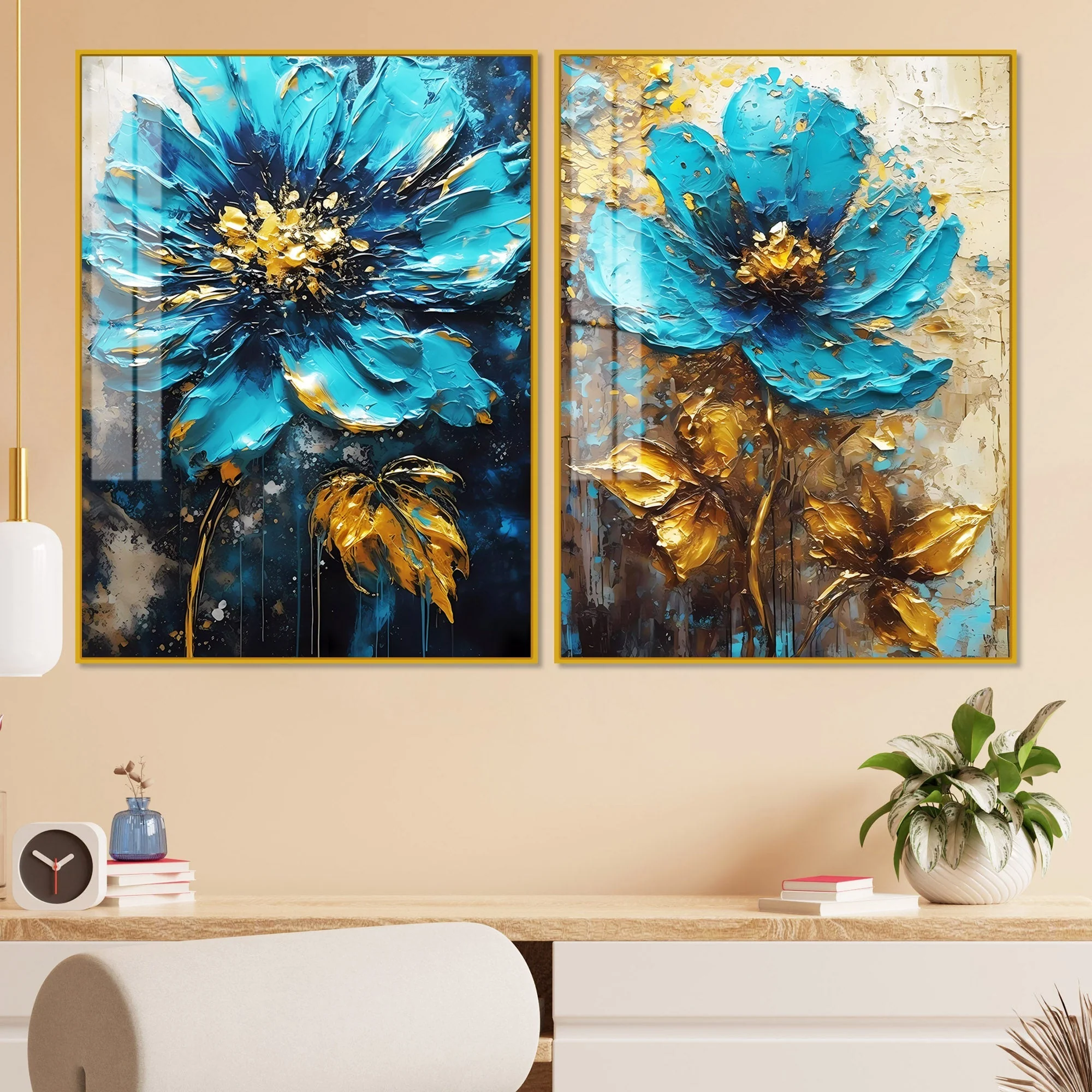 Modern Textural Blue Flower Artistic Acrylic Floating Wall Painting Set Of 2 - Image 2
