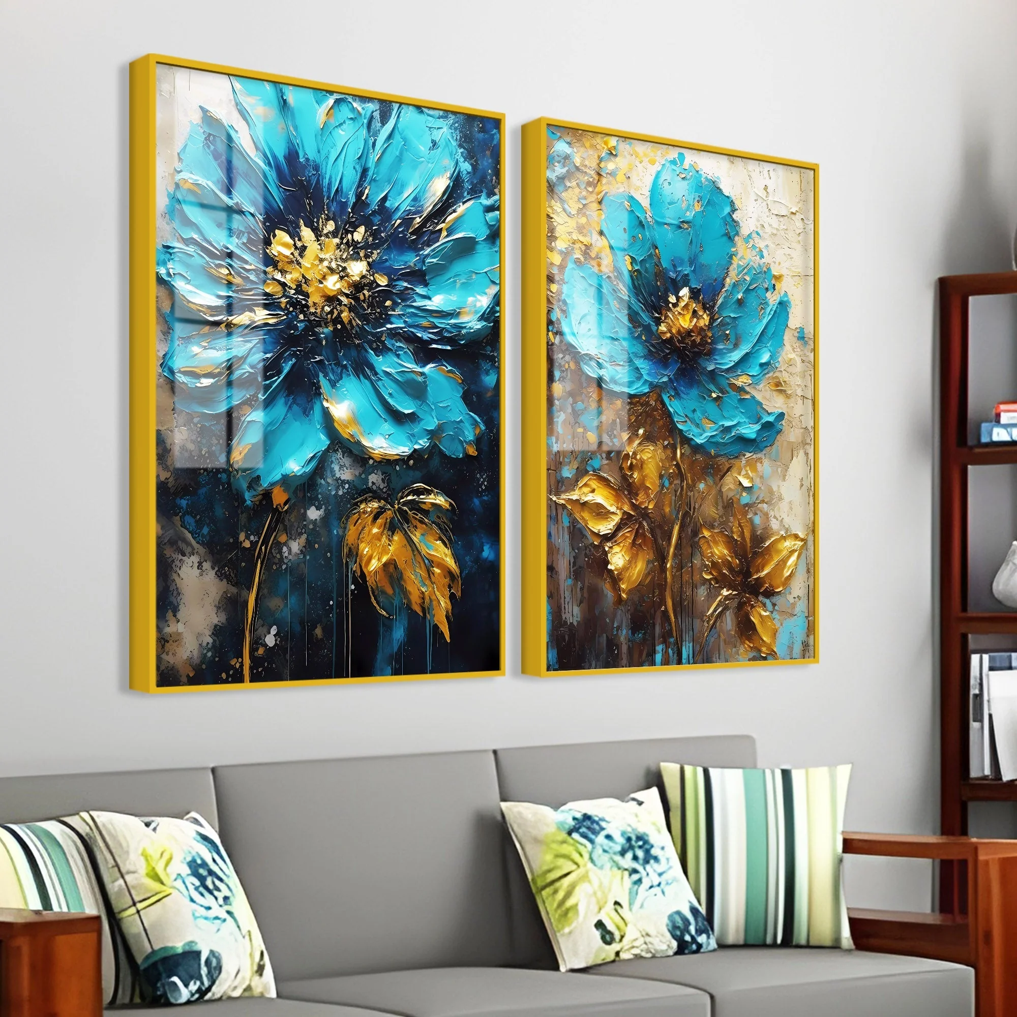 Modern Textural Blue Flower Artistic Acrylic Floating Wall Painting Set Of 2 - Image 3