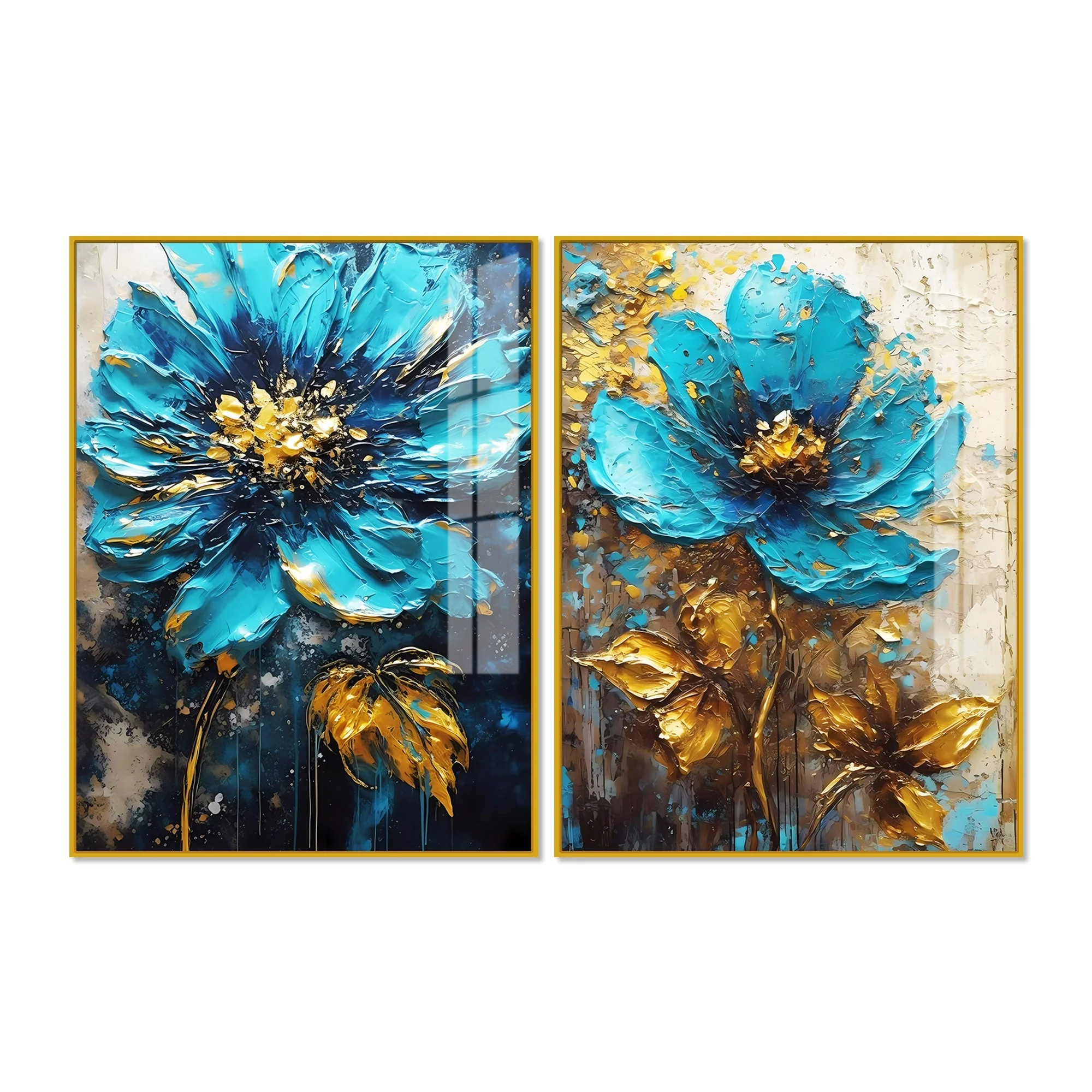 Modern Textural Blue Flower Artistic Acrylic Floating Wall Painting Set Of 2 - Image 5