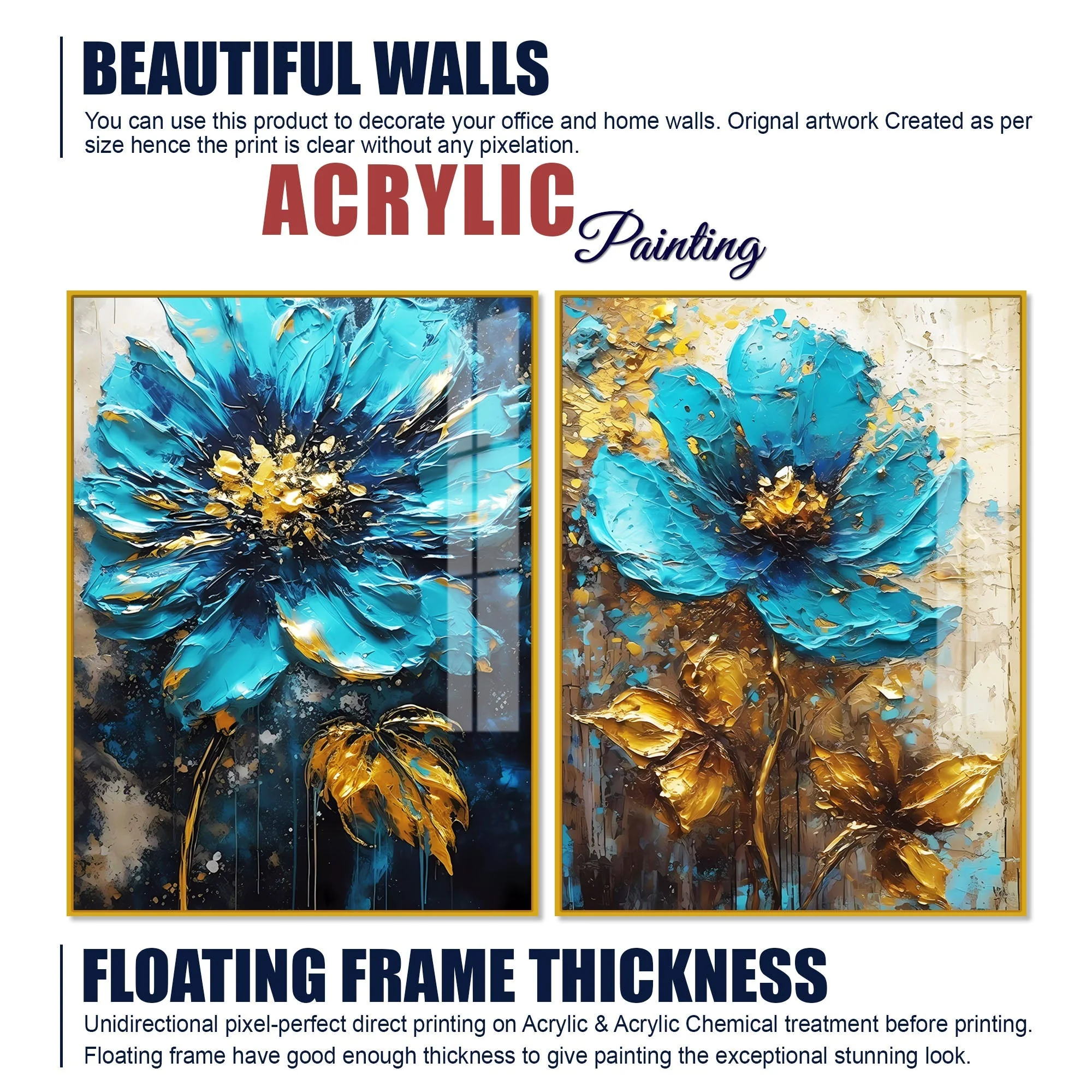 Modern Textural Blue Flower Artistic Acrylic Floating Wall Painting Set Of 2 - Image 6