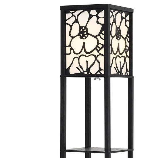 Modern Tower Lamp with Storage Shelves and Floral Shade - Image 4